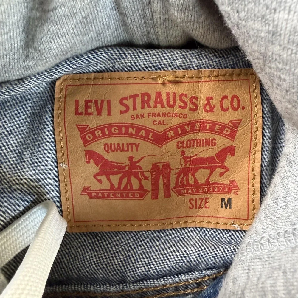 Levi's Jacket Mens Medium Blue Denim Hooded Varsity Knit Sleeves Lined Pockets